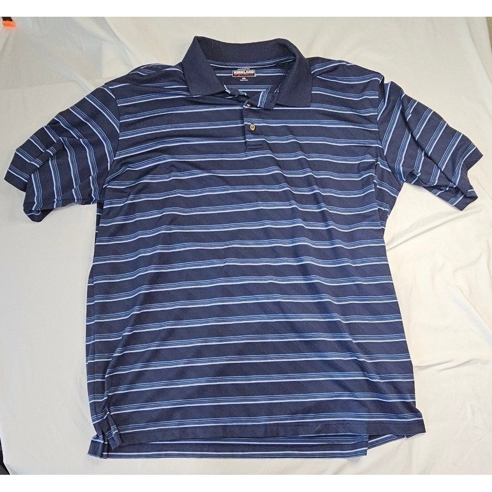 Kirkland Signature Mens XXL Performance Polo Shirt Navy Blue Striped